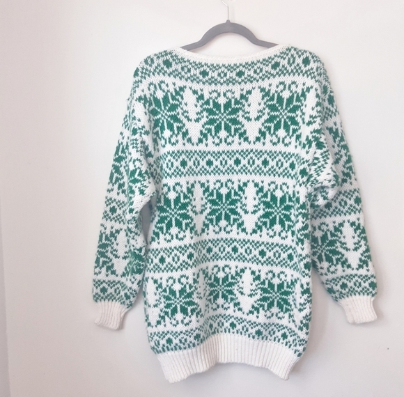 Handknit White and Green Snowflake Sweater - Picture 2 of 4